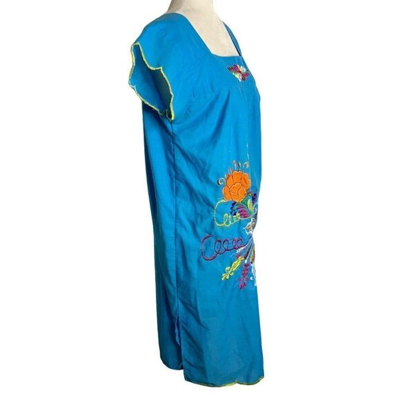 Vintage Embroidered Mexican Shift Dress S Blue Short Sleeves Parrot Square Neck - Picture 5 of 6